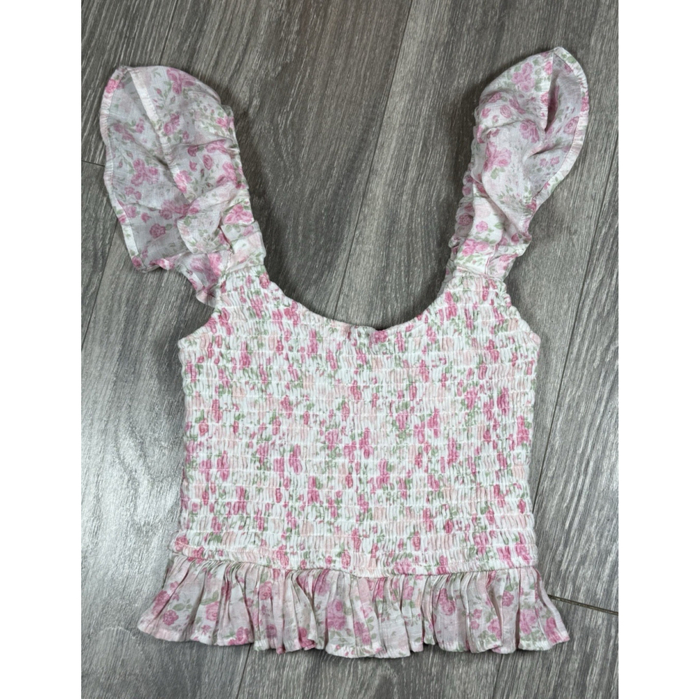 Altar'd State Womens Blouse Ruffle Sleeve White Floral Cropped Medium